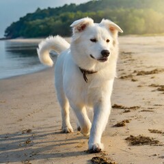 海辺を散歩する白い犬