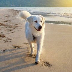 海辺を散歩する白い犬