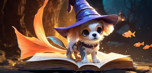 A puppy in a wizard's hat stands on a spellbook, its tail transformed into a majestic goldfish fin, against a backdrop of mystical caves and floating fish. This image portrays a magical transformation - obrazy, fototapety, plakaty