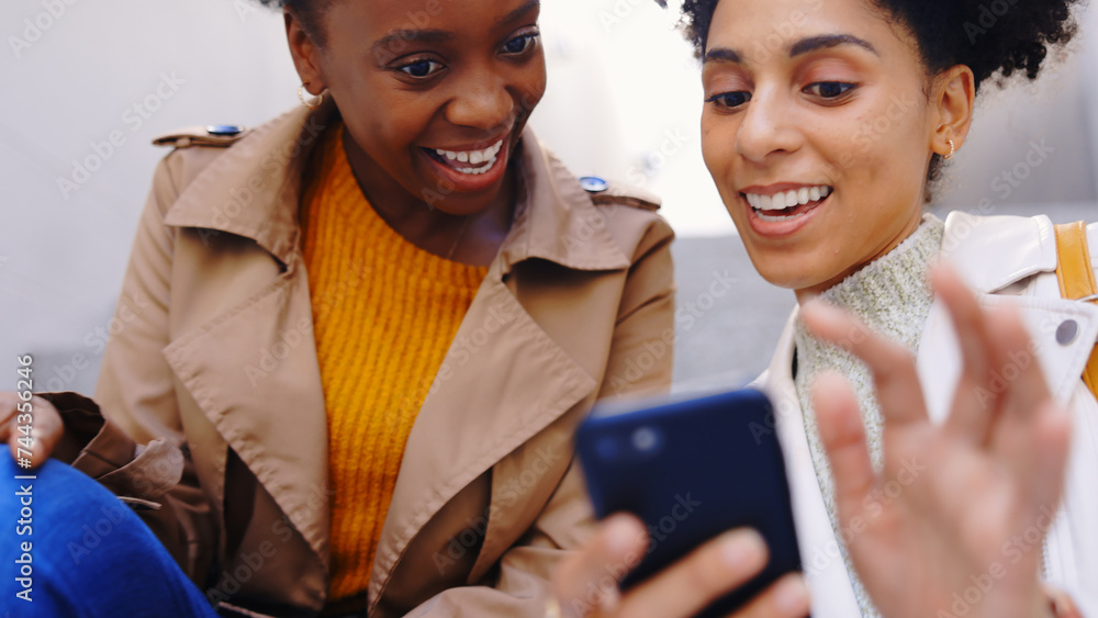 Poster Friends, smile and smartphone with scroll together for social media, website and search on internet Communication, relax and people with cellphone for streaming video, reading blog and text message