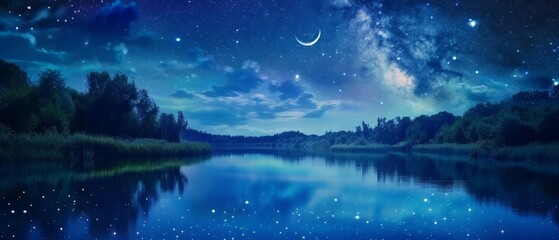 Starry night sky over a tranquil lake reflections of constellations and a crescent moon - obrazy, fototapety, plakaty