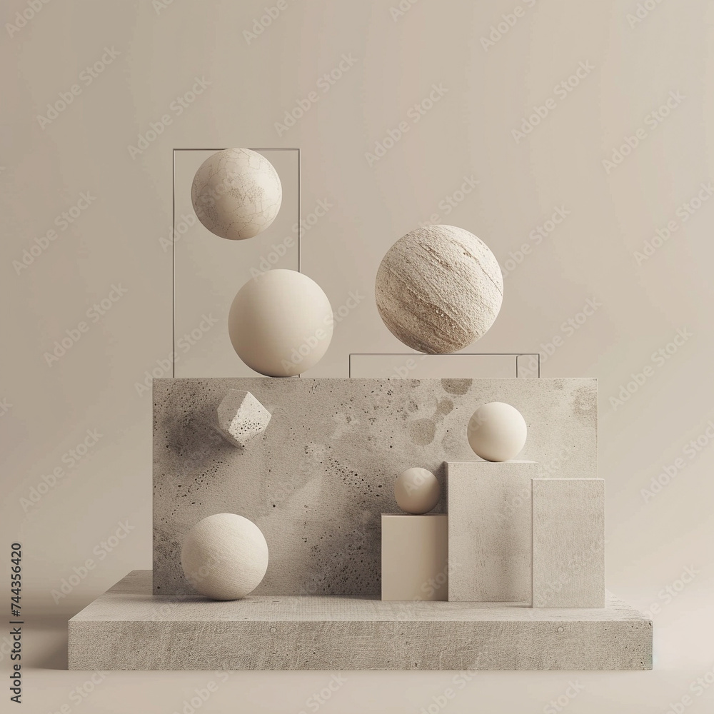Poster 3d render of a minimalist composition of spheres and cubes in a harmonious arrangement