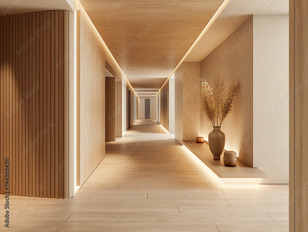 Poster 3d render of a minimalist corridor with a stark contrasting color scheme