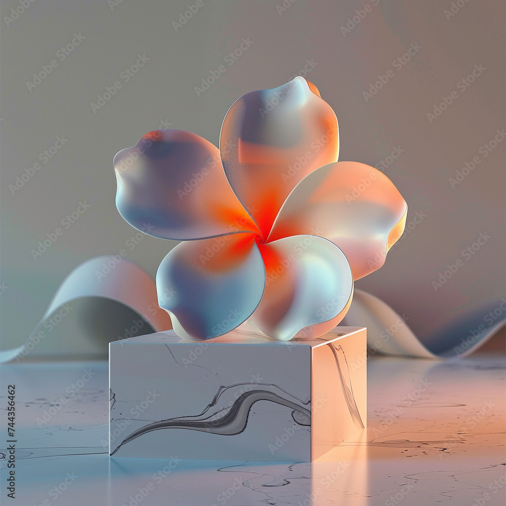 Poster artistic 3d flower with soft gradient petals on a modern cube