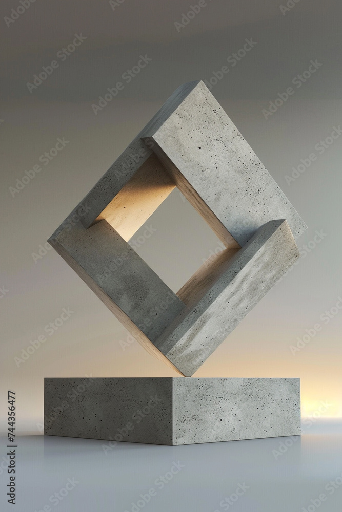 Poster 3d render of a minimalist geometric sculpture that seems to capture and hold light within its core