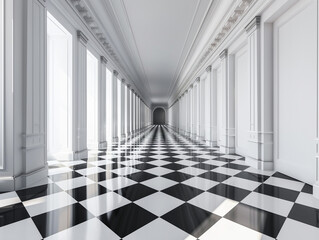 3d render of a minimalist corridor with an optical illusion floor design