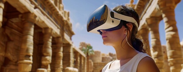Virtual reality educational classroom with students exploring ancient civilizations in an immersive 3D environment