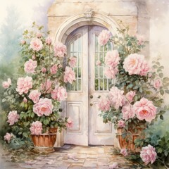 Fototapeta na wymiar White door surrounded by pink roses