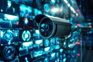 Cyber crime investigation lab futuristic tech live feeds from CCTV cameras
