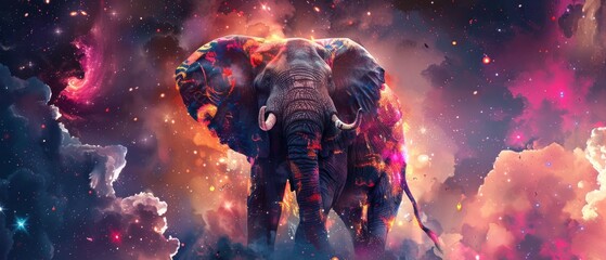 Chefs culinary adventure combining sushi and cyberpunk aesthetics with watercolor elephants and nebulas in the background