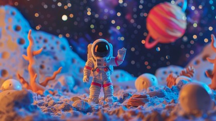 Naklejka premium A vibrant plasticine model of an astronaut on the moon with a detailed space backdrop stars twinkling vividly