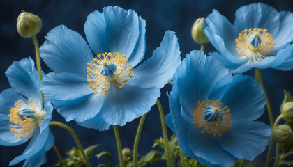 A shot of delicate Himalayan poppy flowers, their vivid blue petals highlighted against a soft, dreamy indigo background and the focus is on capturing the intricate details of the petals - Powered by Adobe