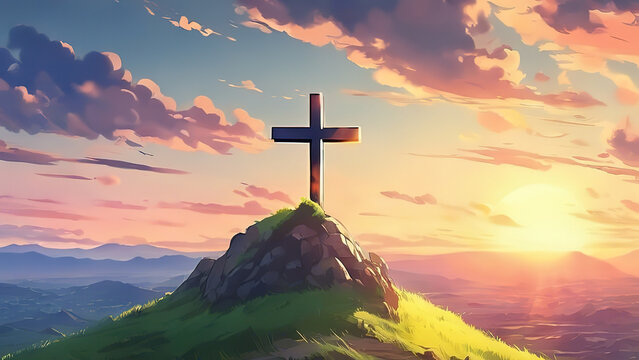 Bright Christian cross on hill outdoors at sunrise, Resurrection of Jesus, Concept photo