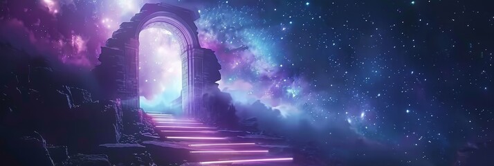 Glowing path leading to a galaxy gate stars shimmering Milky Way in the backdrop mystical aura - obrazy, fototapety, plakaty