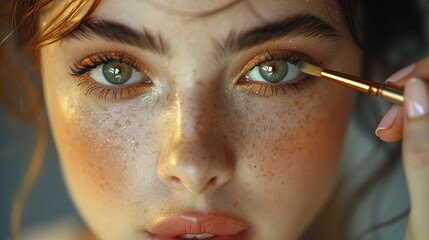 Enhancing natural beauty, a makeup artist carefully blends eyeshadow on the eyelids of a youthful woman. - obrazy, fototapety, plakaty