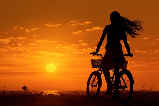 Girl ride bike sunset. Bike sport. Generate Ai