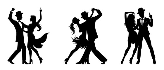 Classic Ballroom Party Dance Couple Silhouettes black filled vector Illustration - obrazy, fototapety, plakaty