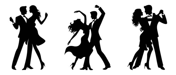 Classic Ballroom Party Dance Couple Silhouettes black filled vector Illustration
