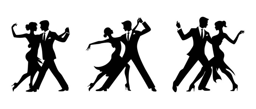Classic Ballroom Party Dance Couple Silhouettes black filled vector Illustration
