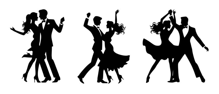 Classic Ballroom Party Dance Couple Silhouettes black filled vector Illustration