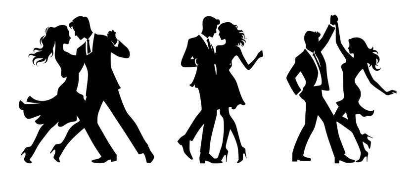 Classic Ballroom Party Dance Couple Silhouettes black filled vector Illustration