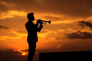 Man trumpet sunset. Horn person. Generate Ai
