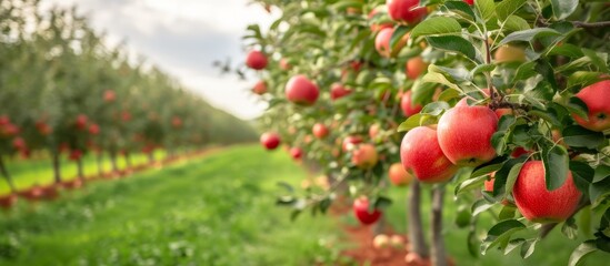 Fresh row of juicy ripe red apples in a farmers market display stand