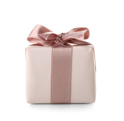 Gift box with pink bow on white background. International Women's Day