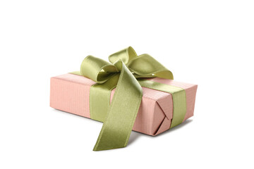 Pink gift box with green bow on white background. International Women's Day