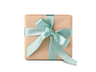 Gift box with blue bow on white background. International Women's Day