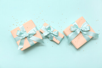 Gift boxes on blue background. International Women's Day