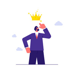 Concept of positive self esteem, success, leadership, man points to the crown above his head
