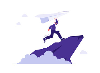 Businessman running over the cliff with a paper plane in raised hand. Concept of business startup, launch of new project