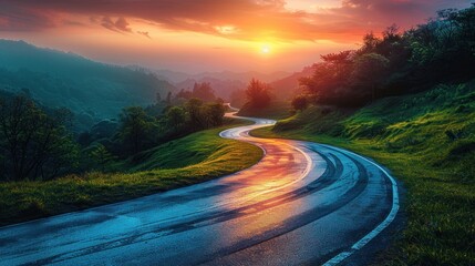 Wide race track and green woods nature landscape at sunset.