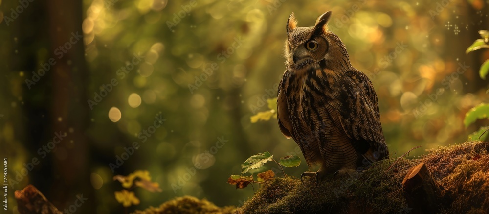 Poster curious small owl perched on a weathered moss-covered log in a serene forest setting