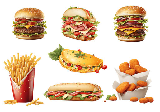 Set with fast food products on white background