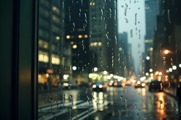 a view of a city street through a window on a rainy day