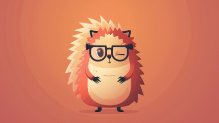 Illustration in flat style, A cute little hedgegog wearing glasses posed against a studio background