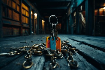 Key chained to wood floor with metal chain in dark building