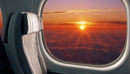 an airplane seat with a view of the sunset