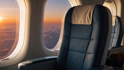 an airplane seat with a view of the sunset