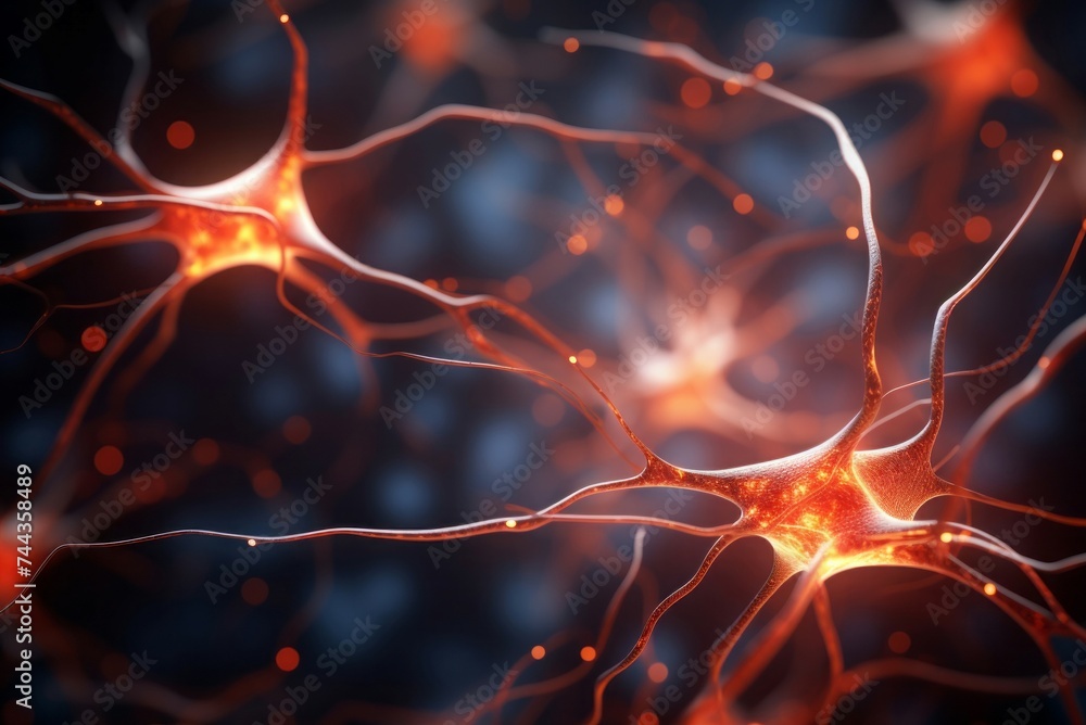 Poster single neuron synapses scheme board. network system cell science mind. generate ai