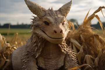 Close up of a dragon lounging in a corn field under a cloudy sky