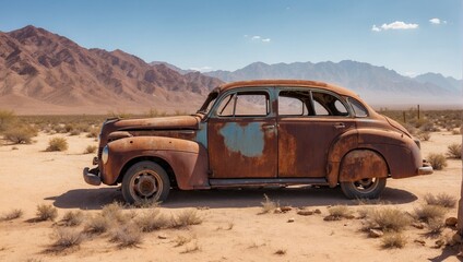 Fototapeta na wymiar a rusted old car in the middle of a desert