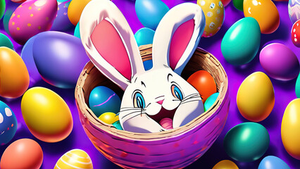 Bright Smiling bunny inside Easter egg surrounded by coloured eggs, Happy Easter and Easter Monday