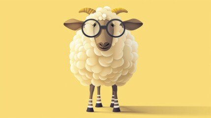 Illustration in flat style, A cute little sheep wearing glasses posed against a studio background