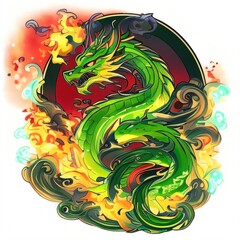 A closeup of a green dragon with a red circle in the background, T-shirt design, Digital Art