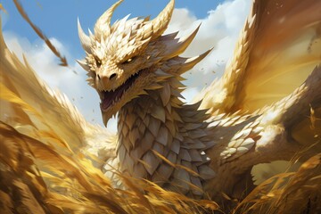 A golden dragon stands in a wheat field under a blue sky