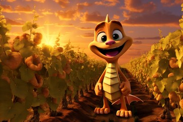 Cartoon dragon smiling in pumpkin field at sunset, happy in natural landscape