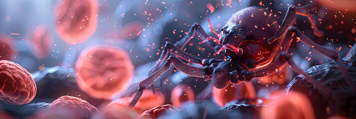 Nanobot microscopic spider-like robot repairing red and white blood cells  - obrazy, fototapety, plakaty